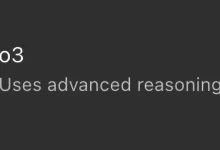Texte affichant le nom du modèle o3 avec la mention "Uses advanced reasoning" sur fond noir