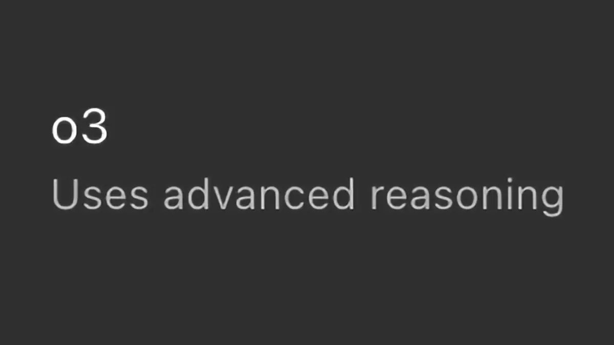 Texte affichant le nom du modèle o3 avec la mention "Uses advanced reasoning" sur fond noir