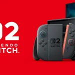 Console Nintendo Switch 2 noire avec Joy-Con rouges et interface de dock, sur fond rouge