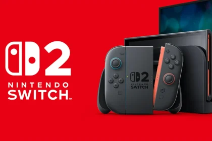 Console Nintendo Switch 2 noire avec Joy-Con rouges et interface de dock, sur fond rouge