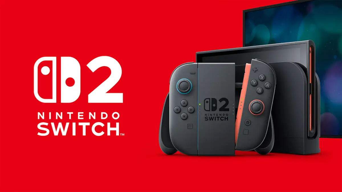 Console Nintendo Switch 2 noire avec Joy-Con rouges et interface de dock, sur fond rouge