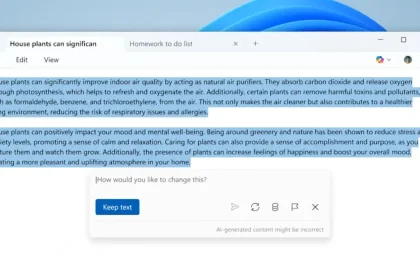 Interface de Notepad affichant une rédaction assistée par l’IA de Microsoft Copilot