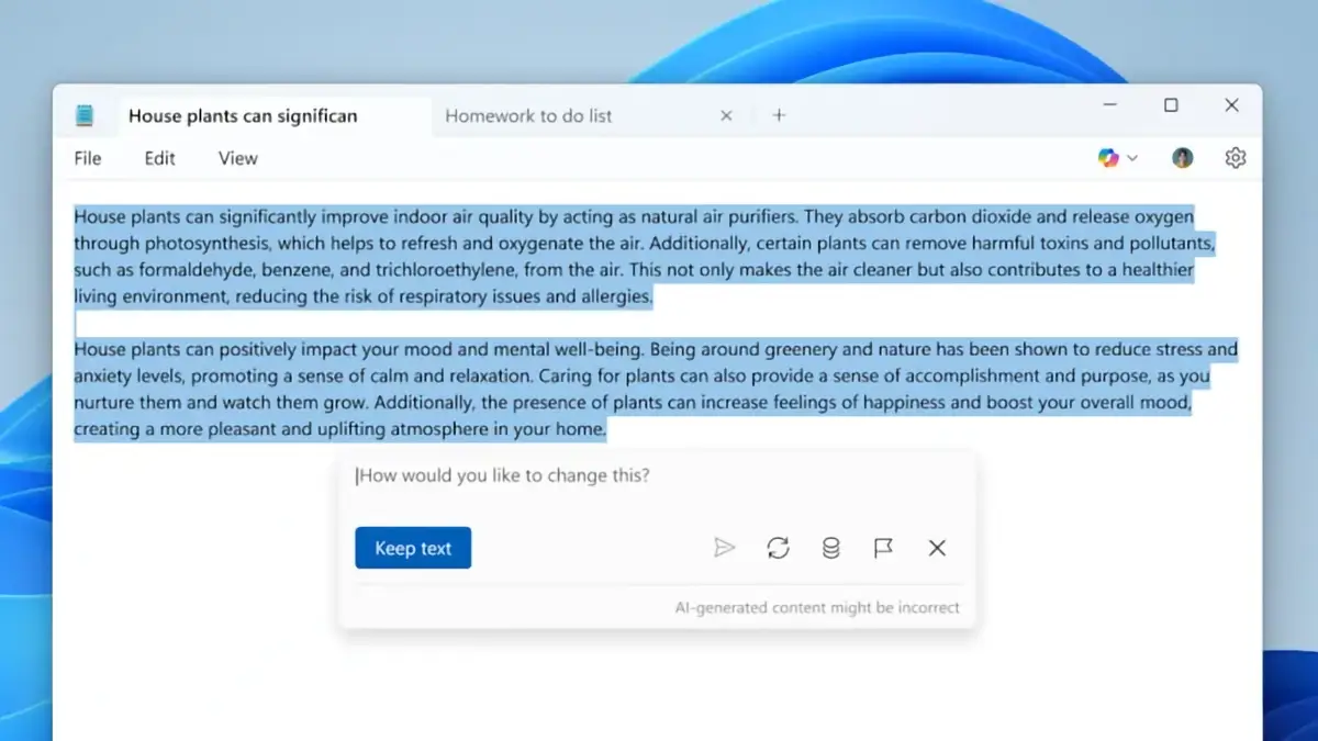 Interface de Notepad affichant une rédaction assistée par l’IA de Microsoft Copilot
