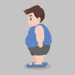 Illustration d’un enfant en surpoids sur une balance, visage inquiet, obésité infantile
