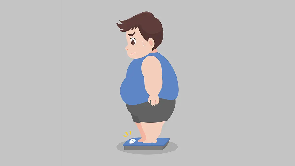 Illustration d’un enfant en surpoids sur une balance, visage inquiet, obésité infantile