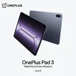 Tablette OnePlus Pad 3 présentée de face et de dos en coloris Storm Blue, lancement prévu le 5 juin 2025