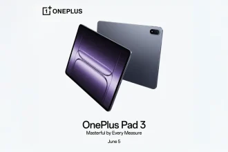 Tablette OnePlus Pad 3 présentée de face et de dos en coloris Storm Blue, lancement prévu le 5 juin 2025