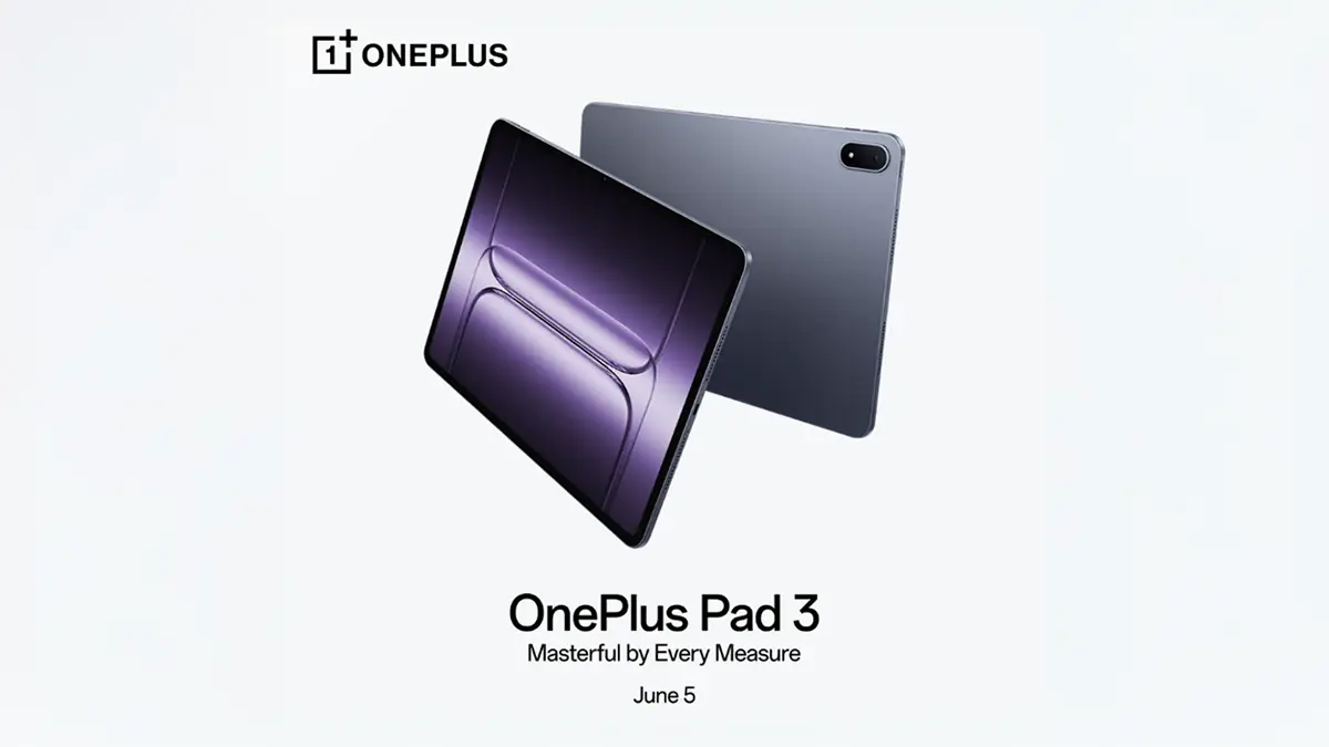 Tablette OnePlus Pad 3 présentée de face et de dos en coloris Storm Blue, lancement prévu le 5 juin 2025