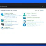 Fenêtre du Panneau de configuration de Windows 11 affichant les principales catégories de réglages système