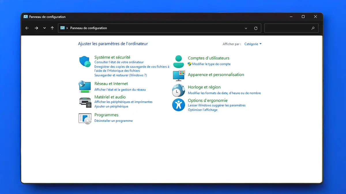 Fenêtre du Panneau de configuration de Windows 11 affichant les principales catégories de réglages système