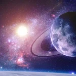 Vue artistique de l’univers avec planètes, anneaux cosmiques et lumière stellaire en arrière-plan