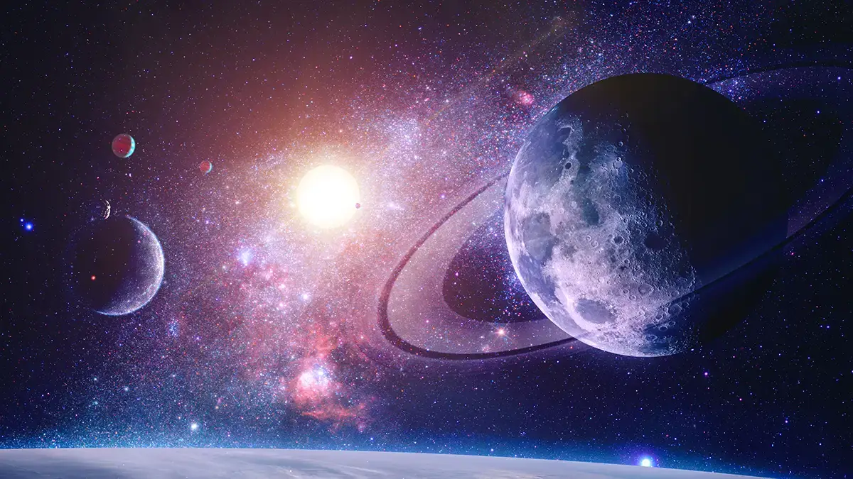 Vue artistique de l’univers avec planètes, anneaux cosmiques et lumière stellaire en arrière-plan