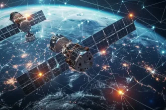 Deux satellites de communication en orbite terrestre illustrant le maillage global du réseau Starlink.