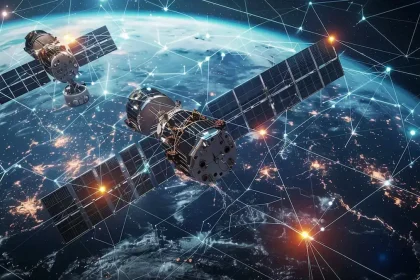Deux satellites de communication en orbite terrestre illustrant le maillage global du réseau Starlink.