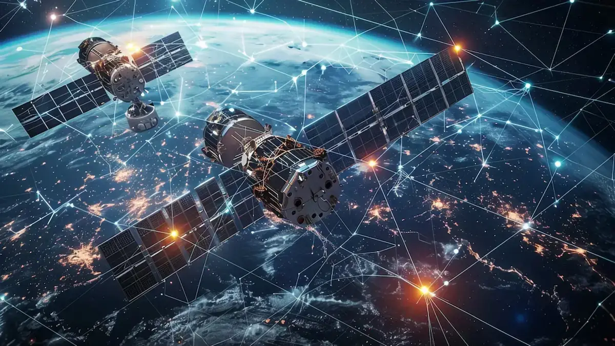 Deux satellites de communication en orbite terrestre illustrant le maillage global du réseau Starlink.