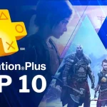 Logo PlayStation Plus avec personnages de jeux vidéo emblématiques comme Ellie, Kratos et Ratchet, illustrant le top 10 du mois.
