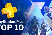 Logo PlayStation Plus avec personnages de jeux vidéo emblématiques comme Ellie, Kratos et Ratchet, illustrant le top 10 du mois.