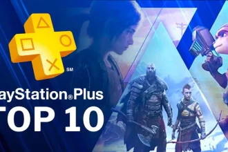 Logo PlayStation Plus avec personnages de jeux vidéo emblématiques comme Ellie, Kratos et Ratchet, illustrant le top 10 du mois.