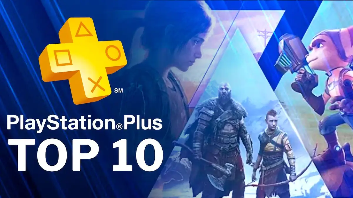 Logo PlayStation Plus avec personnages de jeux vidéo emblématiques comme Ellie, Kratos et Ratchet, illustrant le top 10 du mois.