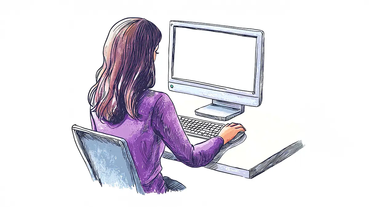 Illustration d’une femme de dos utilisant un ordinateur, évoquant la surveillance numérique et le pistage publicitaire