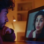 Un homme regarde une femme sur l’écran de son ordinateur pendant un appel vidéo, illustrant une conversation à distance grâce à Google Meet.
