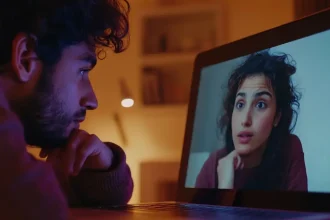 Un homme regarde une femme sur l’écran de son ordinateur pendant un appel vidéo, illustrant une conversation à distance grâce à Google Meet.
