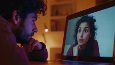 Un homme regarde une femme sur l’écran de son ordinateur pendant un appel vidéo, illustrant une conversation à distance grâce à Google Meet.