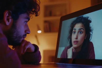 Un homme regarde une femme sur l’écran de son ordinateur pendant un appel vidéo, illustrant une conversation à distance grâce à Google Meet.