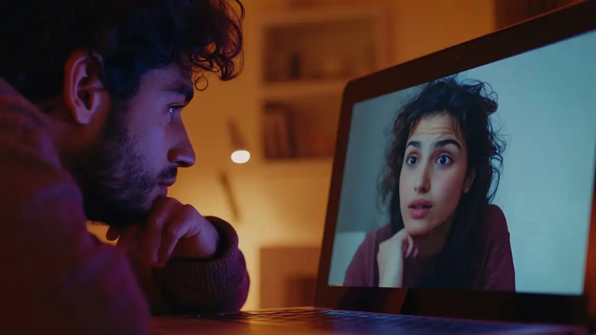 Un homme regarde une femme sur l’écran de son ordinateur pendant un appel vidéo, illustrant une conversation à distance grâce à Google Meet.