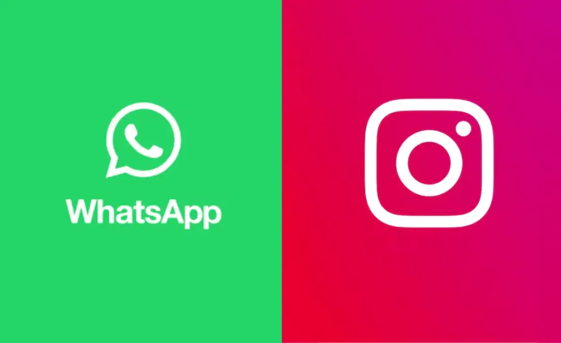 Logos de WhatsApp et Instagram côte à côte sur fond vert et rose illustrant la convergence des fonctionnalités sociales