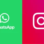 Logos de WhatsApp et Instagram côte à côte sur fond vert et rose illustrant la convergence des fonctionnalités sociales