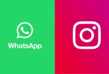 Logos de WhatsApp et Instagram côte à côte sur fond vert et rose illustrant la convergence des fonctionnalités sociales