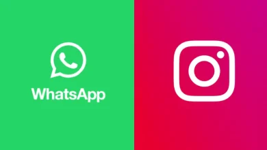 Logos de WhatsApp et Instagram côte à côte sur fond vert et rose illustrant la convergence des fonctionnalités sociales