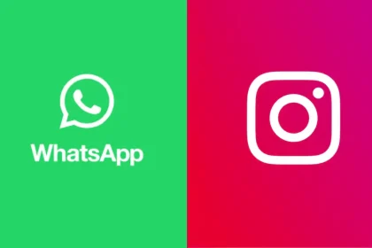 Logos de WhatsApp et Instagram côte à côte sur fond vert et rose illustrant la convergence des fonctionnalités sociales