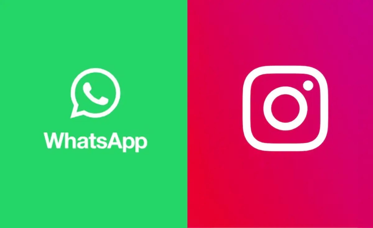 Logos de WhatsApp et Instagram côte à côte sur fond vert et rose illustrant la convergence des fonctionnalités sociales