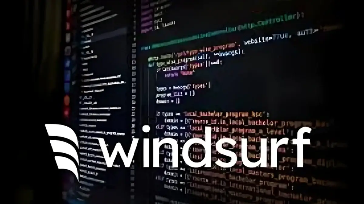 Écran montrant du code informatique accompagné du logo Windsurf, illustrant ses nouveaux modèles d’intelligence artificielle pour développeurs.