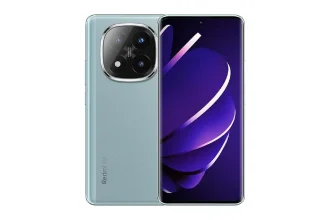 Vue avant et arrière du smartphone Xiaomi Redmi Note 14 Pro, modèle bleu clair, avec écran AMOLED et triple capteur photo