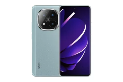 Vue avant et arrière du smartphone Xiaomi Redmi Note 14 Pro, modèle bleu clair, avec écran AMOLED et triple capteur photo