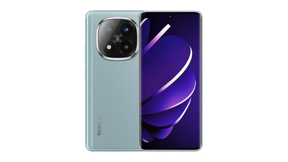 Vue avant et arrière du smartphone Xiaomi Redmi Note 14 Pro, modèle bleu clair, avec écran AMOLED et triple capteur photo