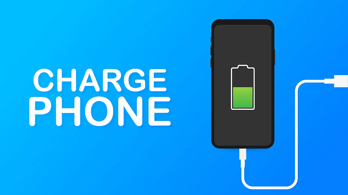 Smartphone en cours de chargement, branché à une prise USB sur fond bleu