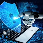 Bras robotique interagissant avec un écran de cybersécurité sur un ordinateur portable