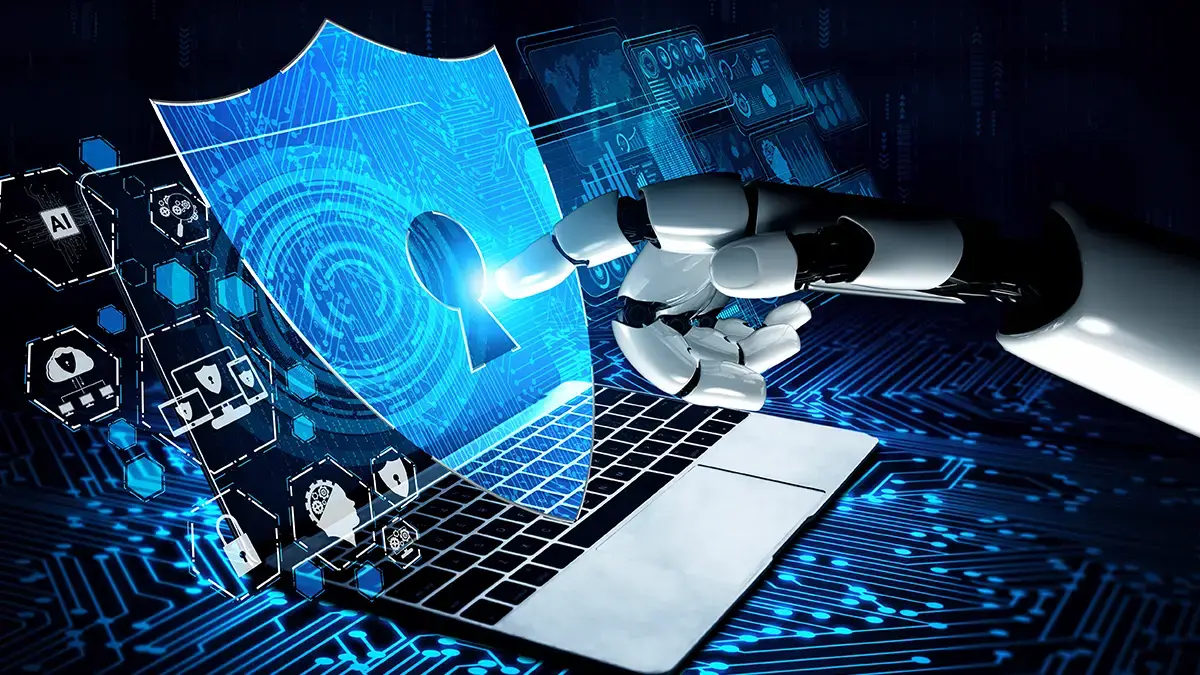 Bras robotique interagissant avec un écran de cybersécurité sur un ordinateur portable