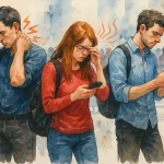Trois jeunes adultes regardent leur smartphone en pleine rue, affichant des signes de douleurs physiques liées à un usage excessif.
