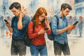 Trois jeunes adultes regardent leur smartphone en pleine rue, affichant des signes de douleurs physiques liées à un usage excessif.