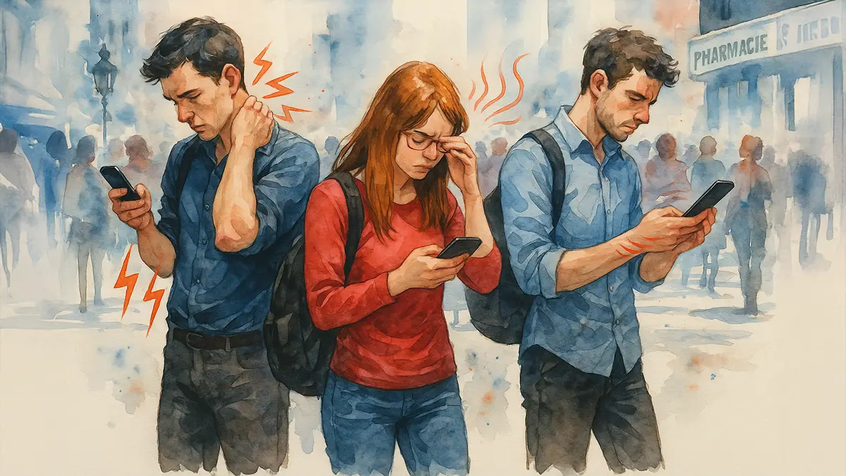 Trois jeunes adultes regardent leur smartphone en pleine rue, affichant des signes de douleurs physiques liées à un usage excessif.