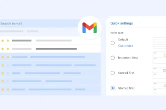 Interface de Gmail affichant la recherche de mails et les paramètres rapides de tri de la boîte de réception.