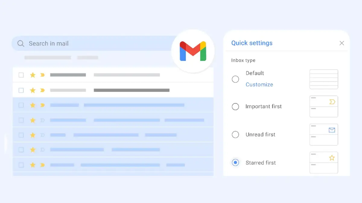 Interface de Gmail affichant la recherche de mails et les paramètres rapides de tri de la boîte de réception.