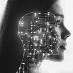 Visage de femme fusionné avec un circuit imprimé, illustrant l'impact de l’intelligence artificielle sur les compétences humaines