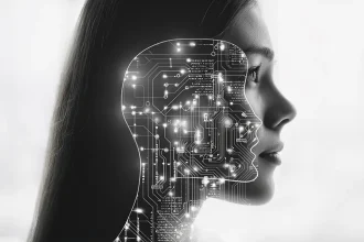 Visage de femme fusionné avec un circuit imprimé, illustrant l'impact de l’intelligence artificielle sur les compétences humaines
