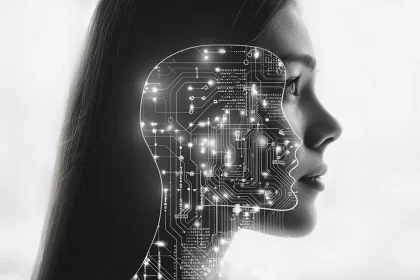 Visage de femme fusionné avec un circuit imprimé, illustrant l'impact de l’intelligence artificielle sur les compétences humaines